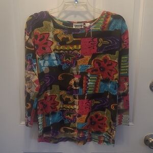 Red and Pink Graphic Blouse with Three-Quarter Sleeves